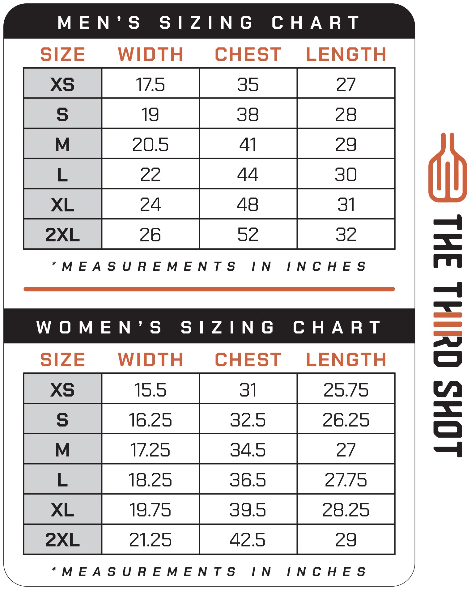 The Third Shot Pickleball Apparel sizing chart