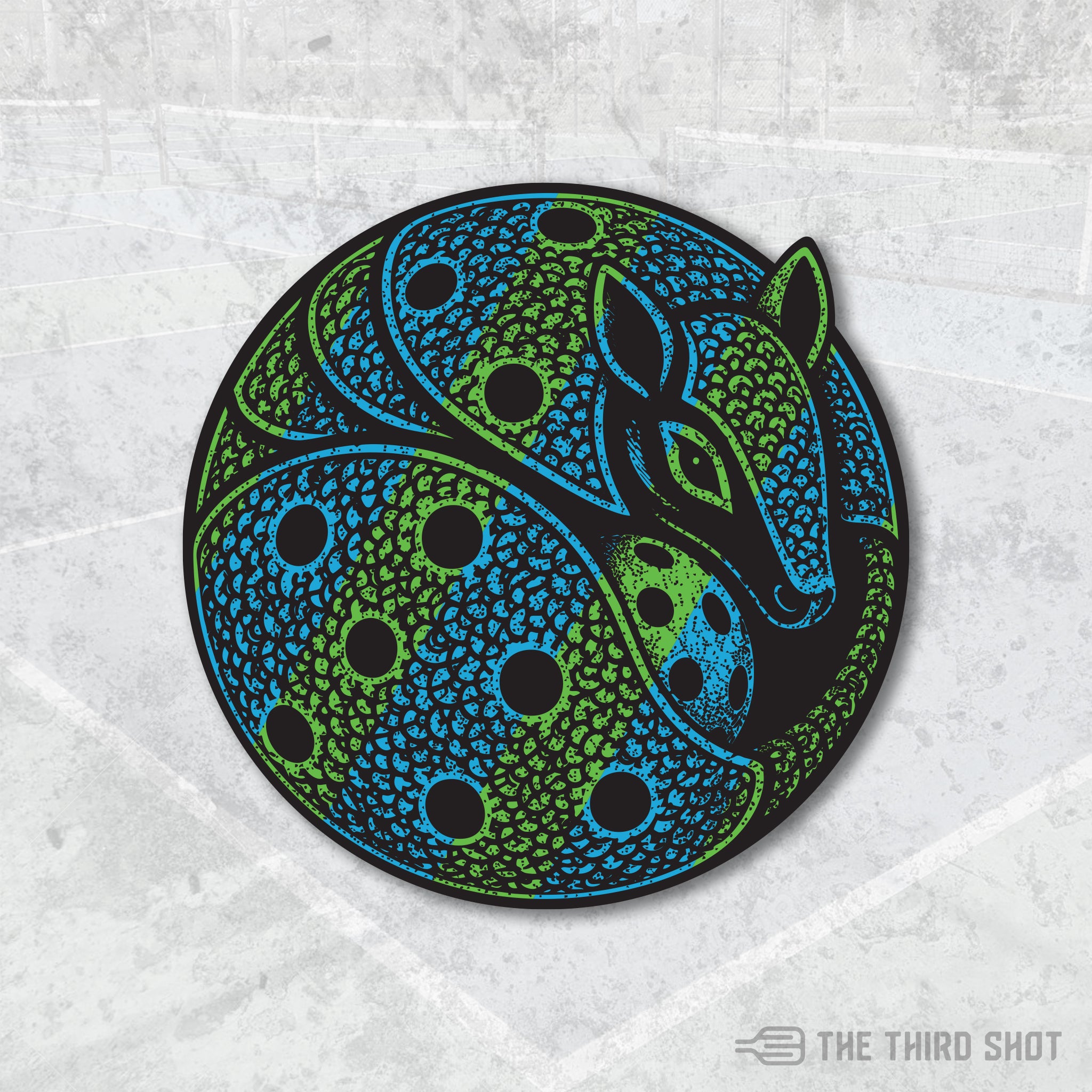 Armor pickleball sticker – blue green armadillo graphic detail