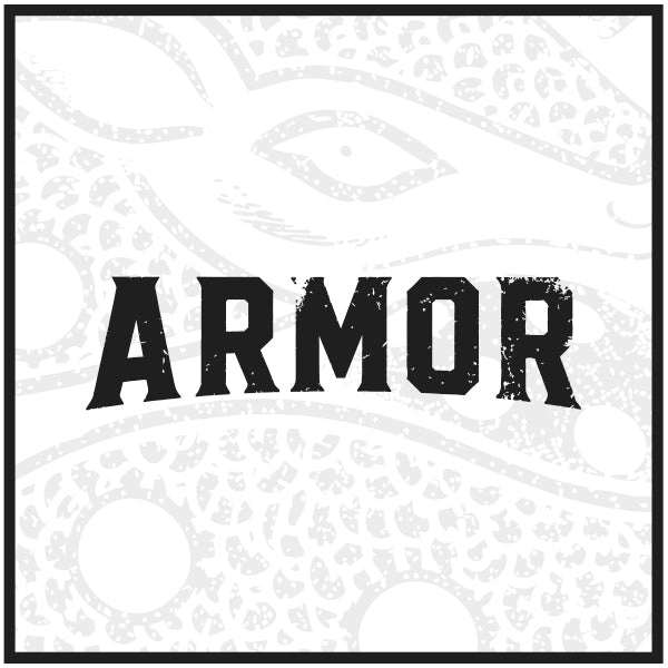 Black 'ARMOR' pickleball text on a white background with armadillo design