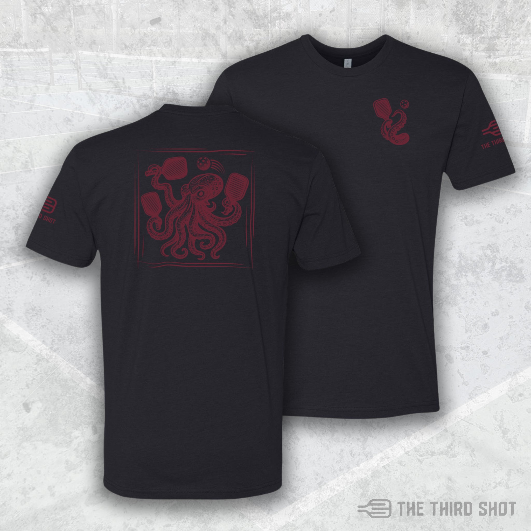 Men’s Kraken pickleball shirt in black – Kraken pickleball shirt featuring bold octopus tentacle design – cotton/poly blend