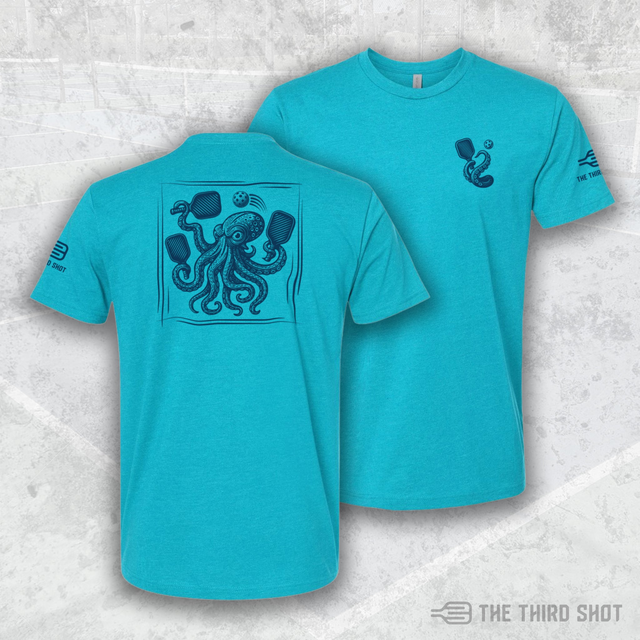 Men’s Kraken pickleball shirt in blue – Kraken pickleball shirt featuring bold octopus tentacle design – cotton/poly blend