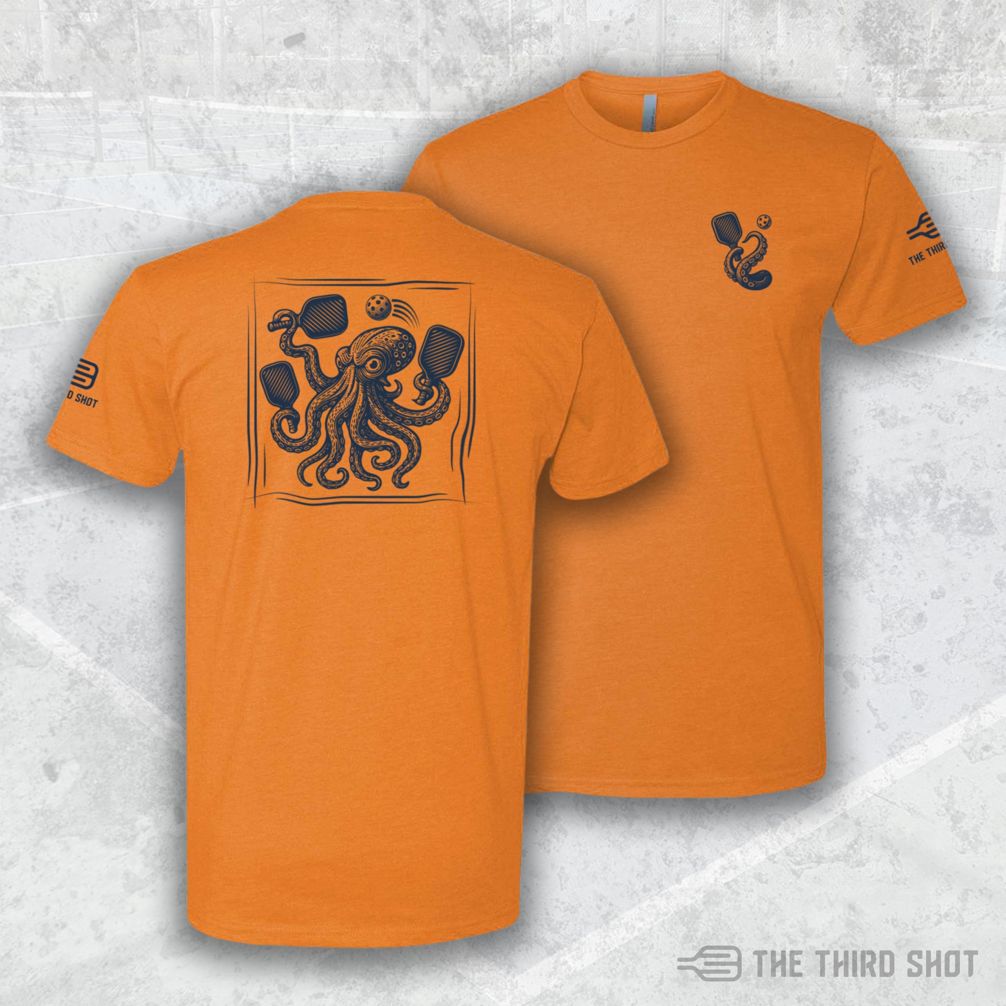 Men’s Kraken pickleball shirt in orange – Kraken pickleball shirt featuring bold octopus tentacle design – cotton/poly blend