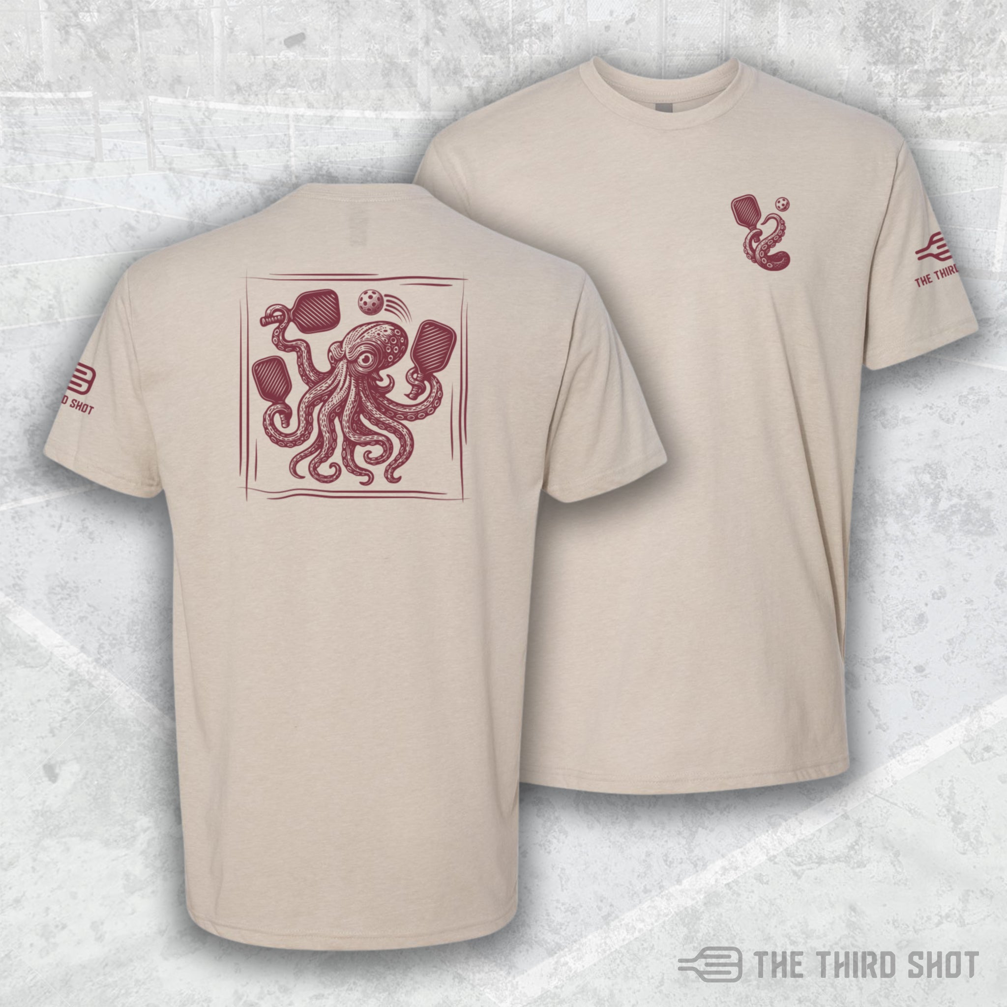 Men’s Kraken pickleball shirt in sand – Kraken pickleball shirt featuring bold octopus tentacle design – cotton/poly blend