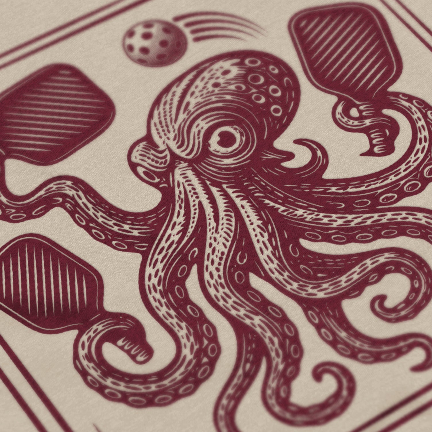 Close-up of Men’s Kraken pickleball shirt in sand – tentacle graphic detail on chest