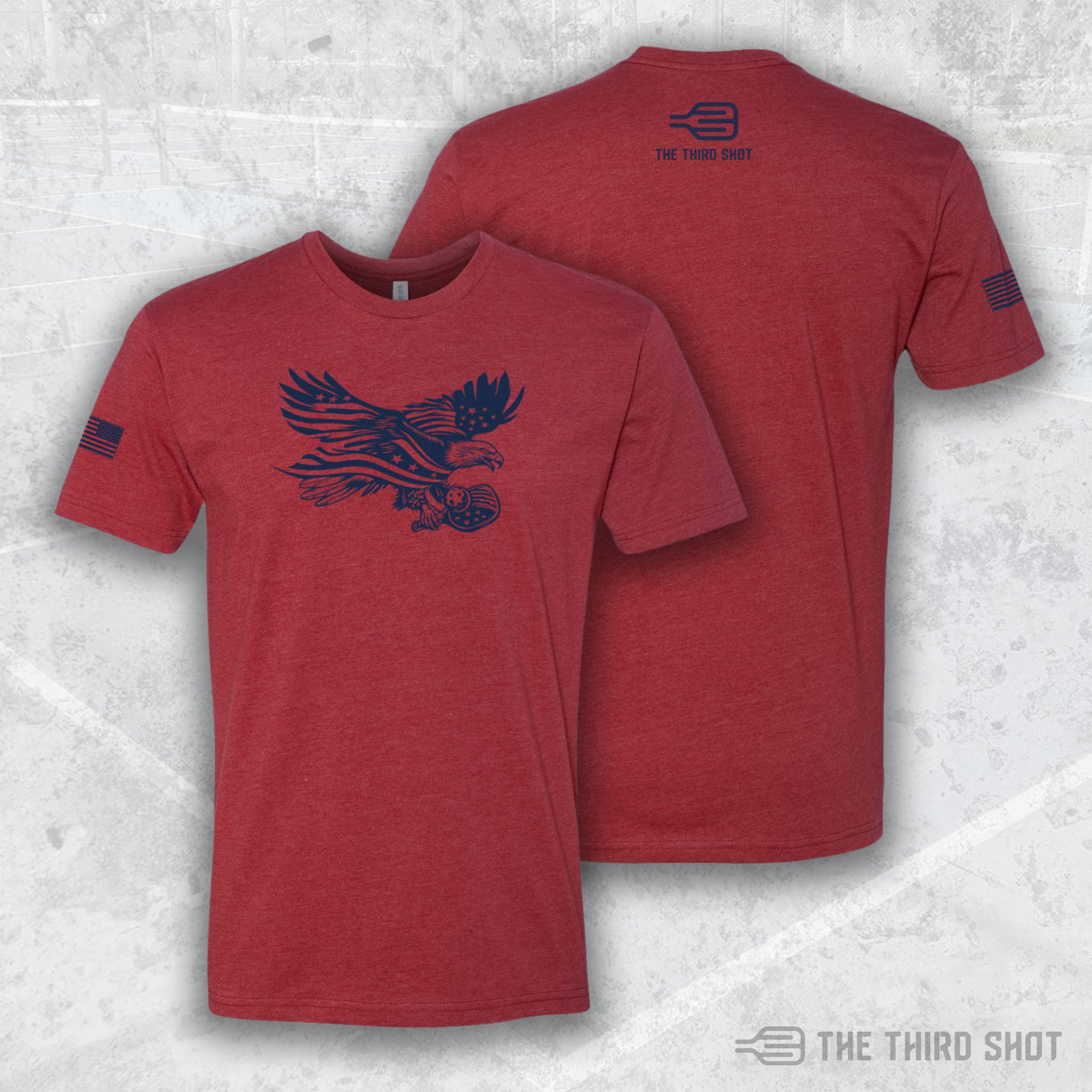 Men’s Soar pickleball shirt in red – Soar pickleball shirt featuring patriotic eagle and flag design – cotton/poly blend