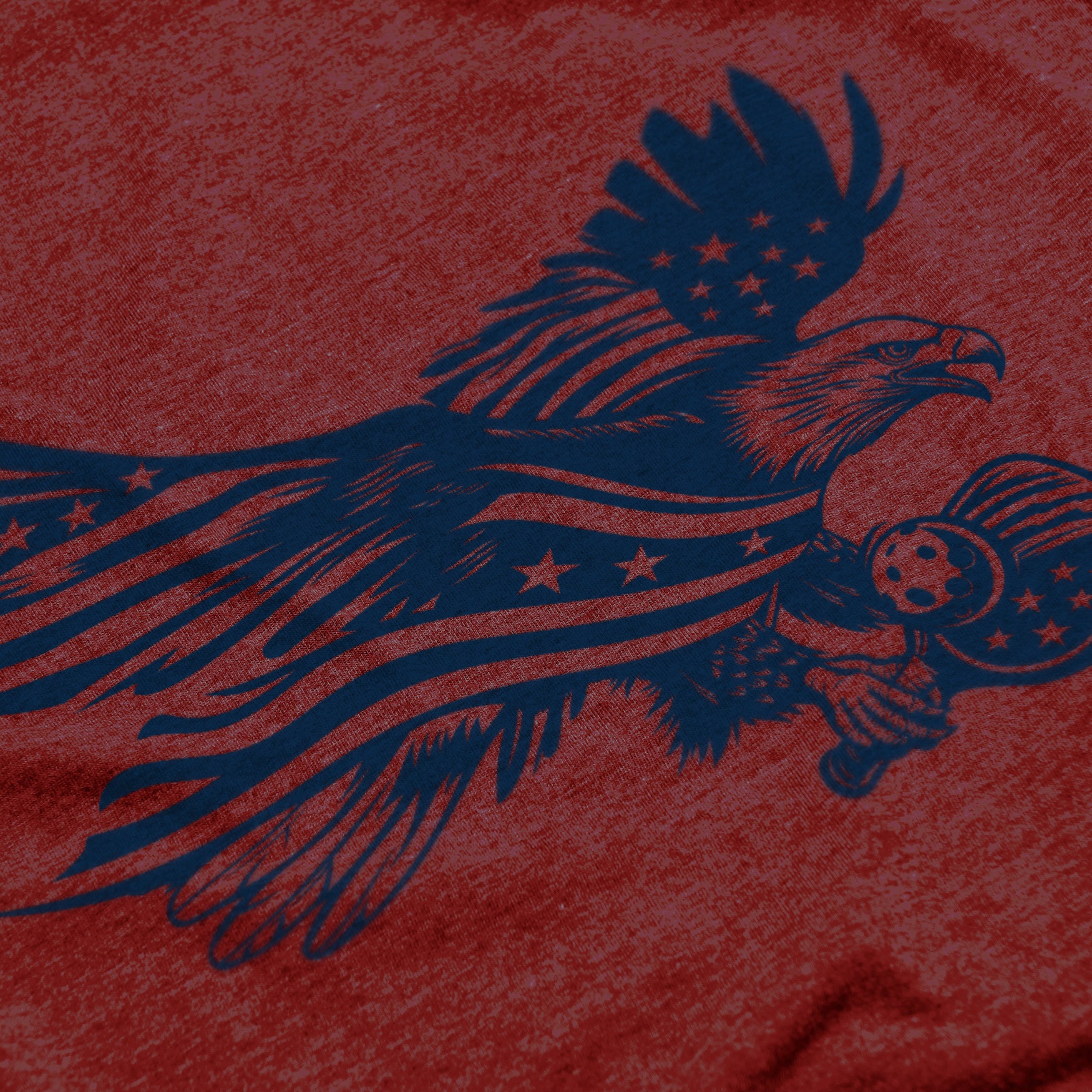 Close-up of Soar pickleball shirt in cardinal – patriotic eagle flag graphic detail on chest