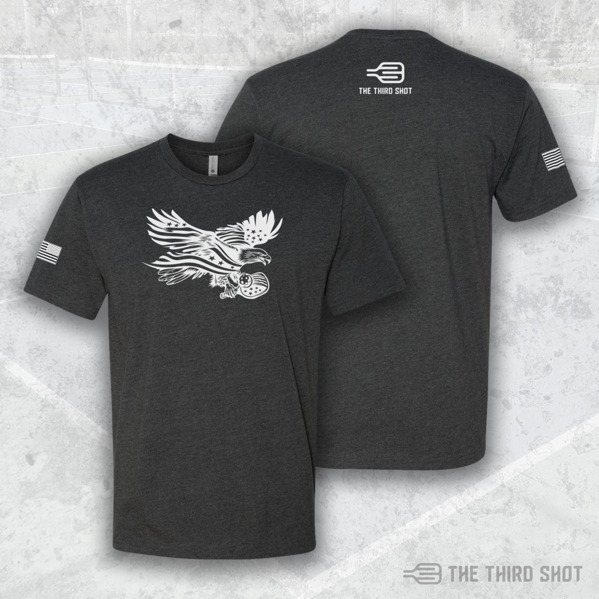 Men’s Soar pickleball shirt in charcoal – Soar pickleball shirt featuring patriotic eagle and flag design – cotton/poly blend