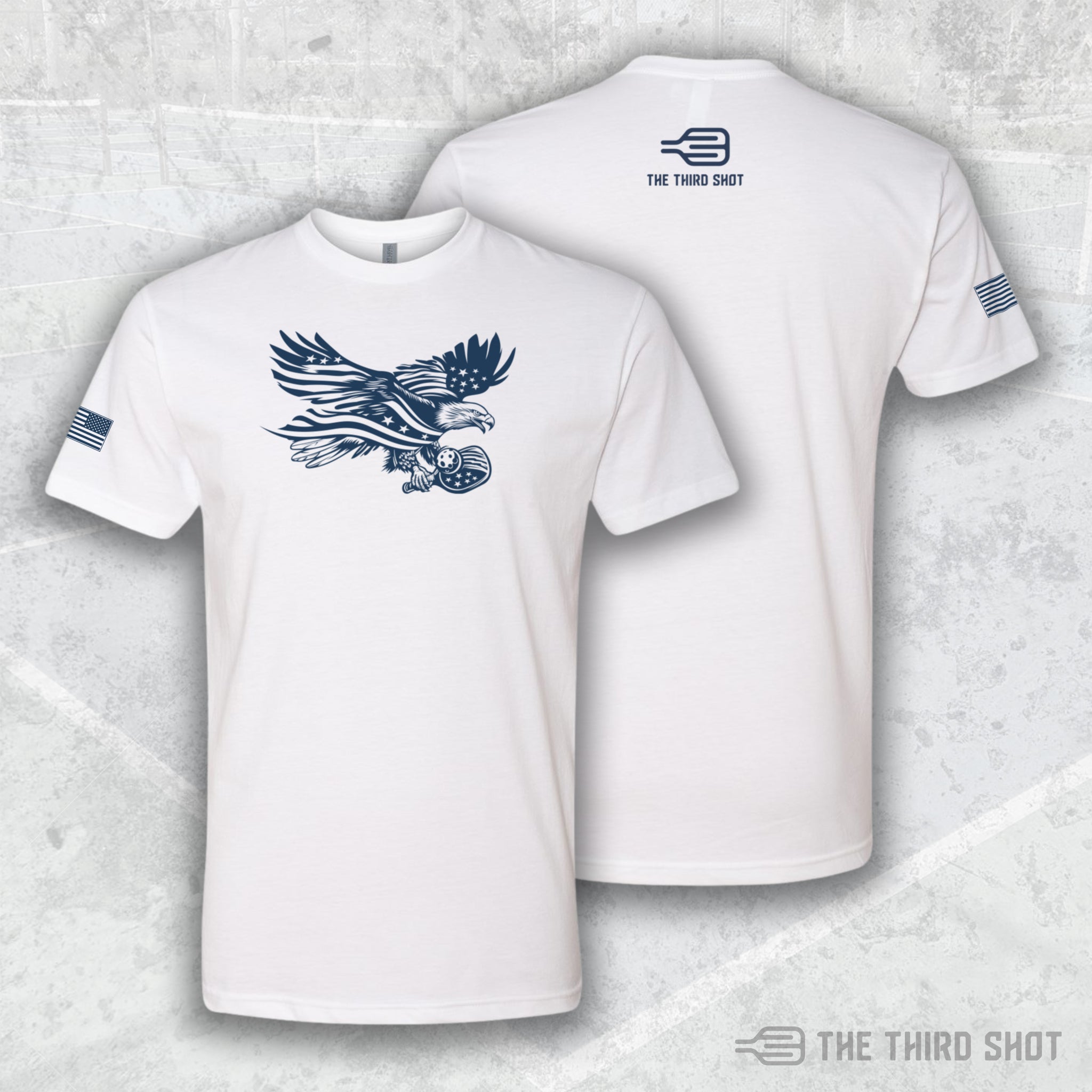 Men’s Soar pickleball shirt in white – Soar pickleball shirt featuring patriotic eagle and flag design – cotton/poly blend