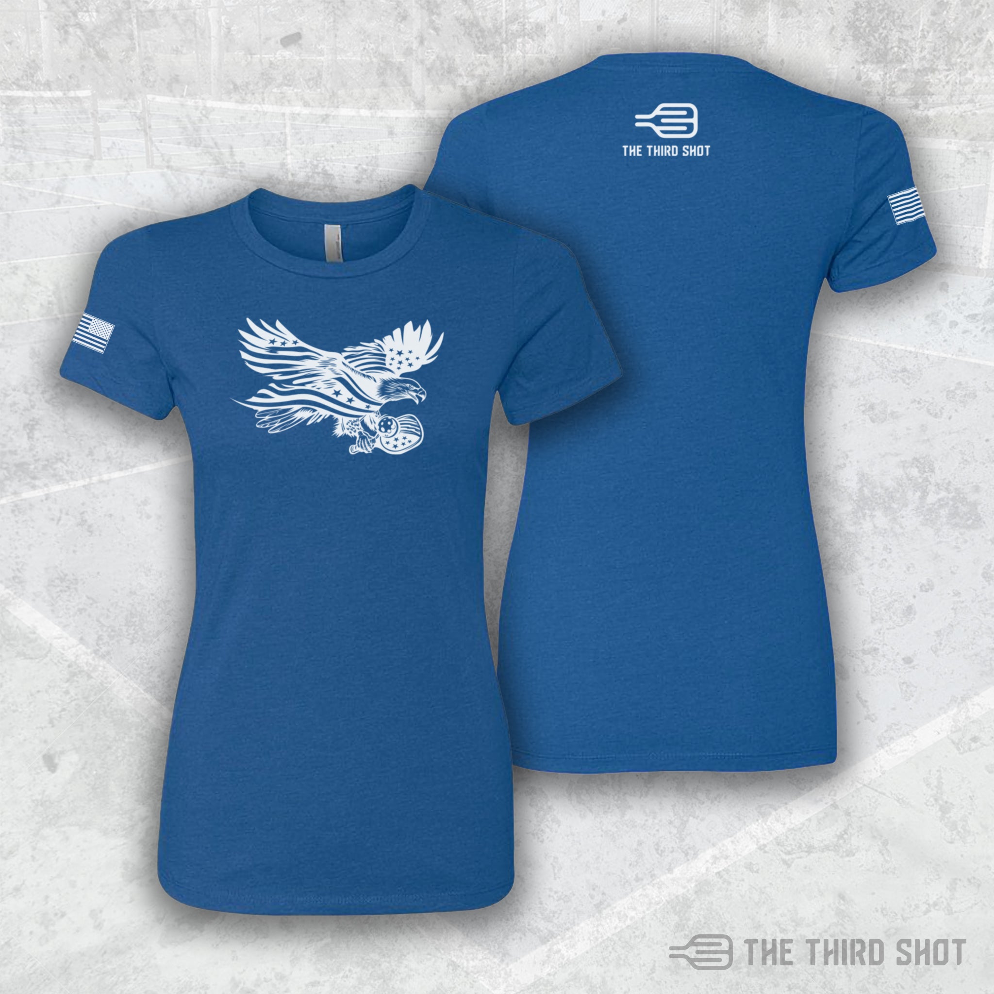 Women’s Soar pickleball shirt in blue – Soar pickleball shirt featuring patriotic eagle and flag design – cotton/poly blend