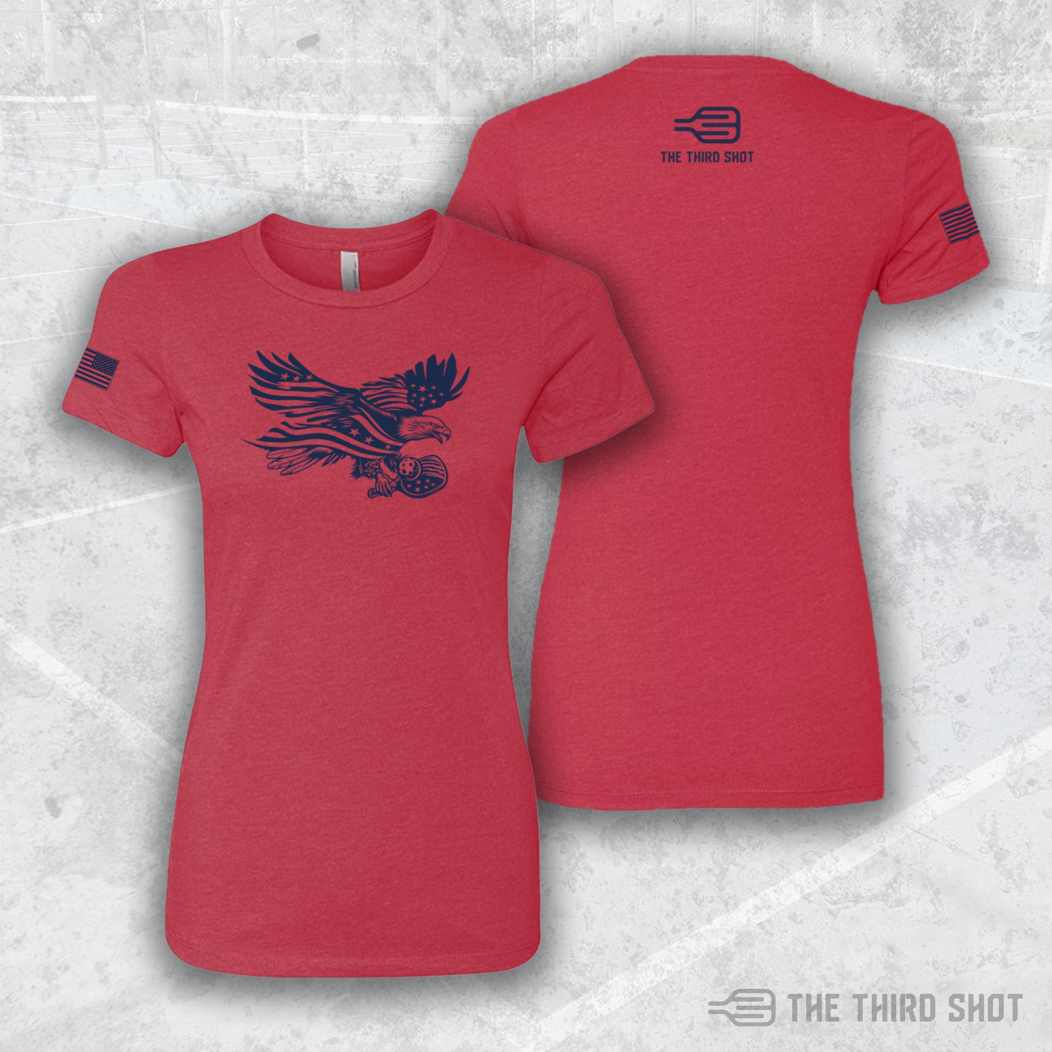 Women’s Soar pickleball shirt in red – Soar pickleball shirt featuring patriotic eagle and flag design – cotton/poly blend