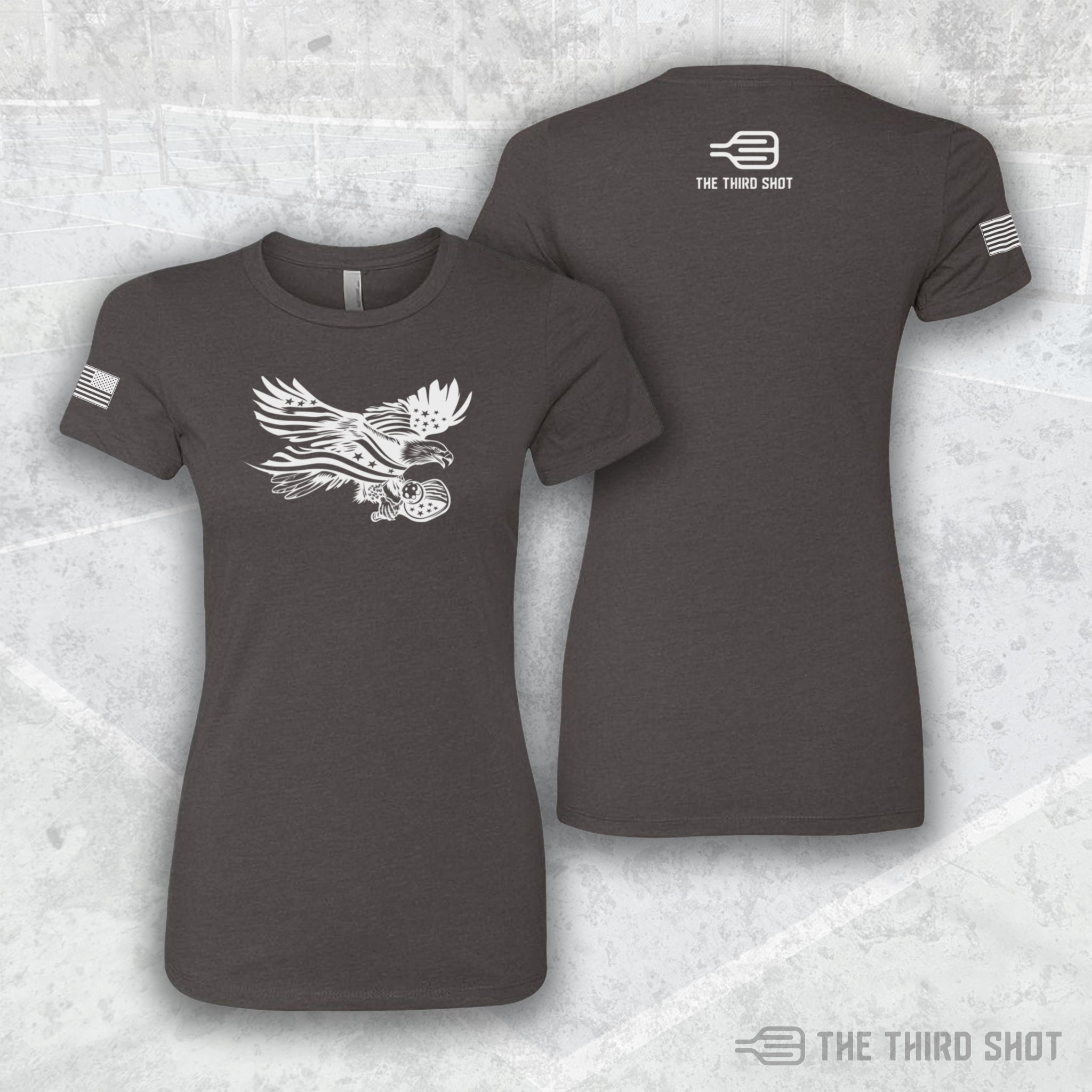 Women’s Soar pickleball shirt in charcoal – Soar pickleball shirt featuring patriotic eagle and flag design – cotton/poly blend