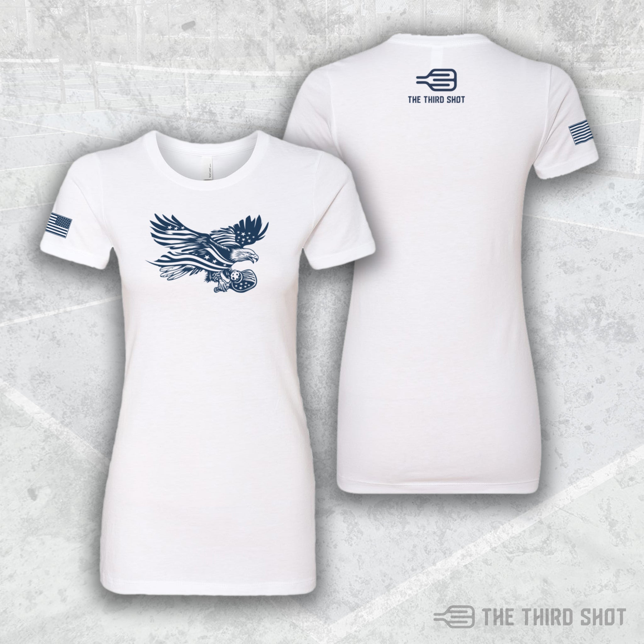 Women’s Soar pickleball shirt in white – Soar pickleball shirt featuring patriotic eagle and flag design – cotton/poly blend