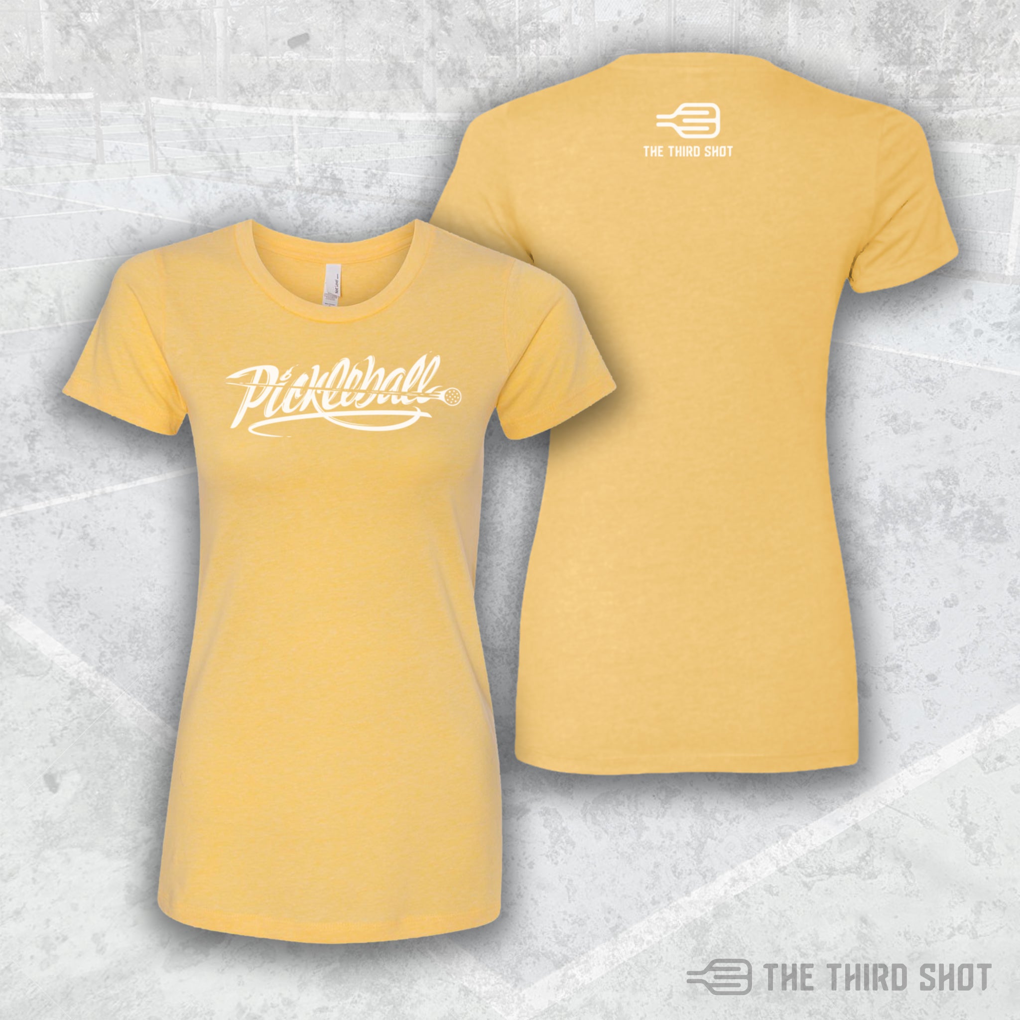 Women’s Velocity pickleball shirt in banana – Velocity pickleball shirt with fast-motion script design for quick play – cotton/poly blend