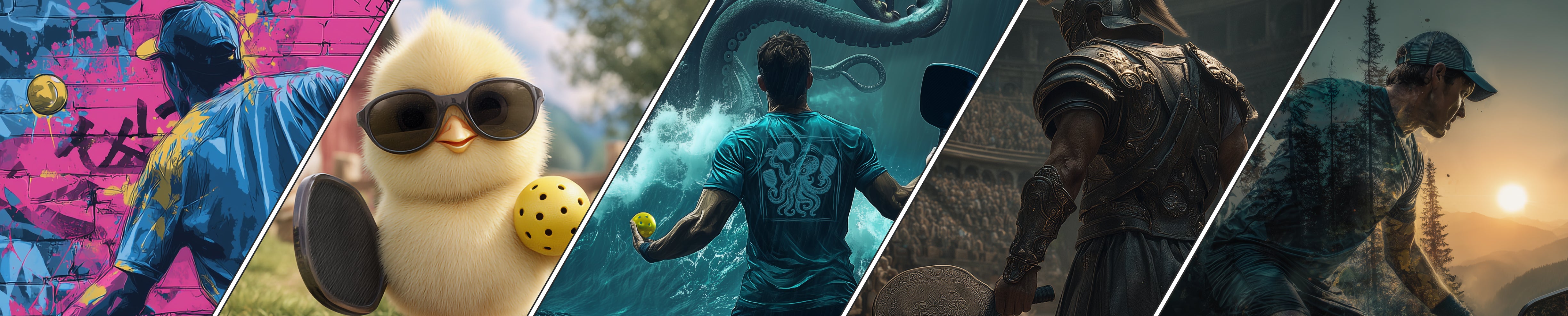 The Third Shot pickleball shirt banner featuring Kraken, Titan, Horizon, Hatch, and Riot designs — bold pickleball apparel collection for players.