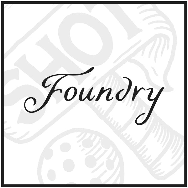 Black 'FOUNDRY' pickleball text on a white background with wood cut paddle design