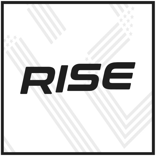 Black 'RISE' pickleball text on a white background with patriotic stars stripes 002 design